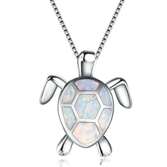 PRETTY WHITE OPAL ON SILVER TURTLE NECKLACE - Picture 2 of 5